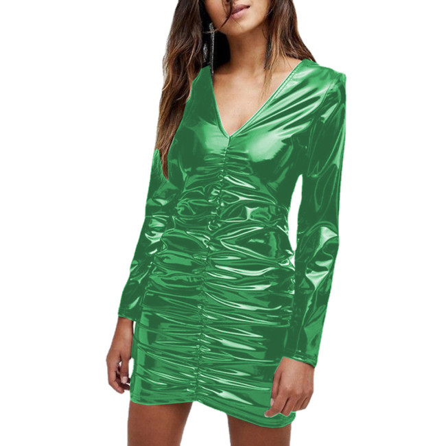 Fashion Sexy Vinyl V-neck Ruched Bodycon Mini Dress for Womens Shiny PVC Leather Long Sleeve Slim Party Dress Wetlook Clubwear