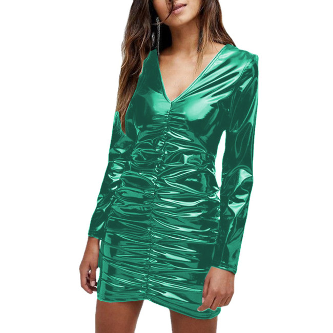 Fashion Sexy Vinyl V-neck Ruched Bodycon Mini Dress for Womens Shiny PVC Leather Long Sleeve Slim Party Dress Wetlook Clubwear
