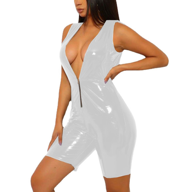 Sexy Deep V Neck Bodycon Short Jumpsuit for Women Faux PVC Latex Sleeveless Playsuits Gothic Tank Rompers Female Fetish Clubwear