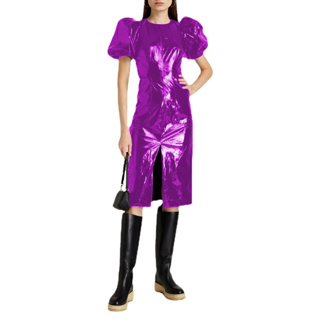 Elegant Puff Short Sleeve Slim Fit Glossy PVC Leather Dress Fashion Pocket Knee Length Dress Female Vestidos Ladies Party Robes