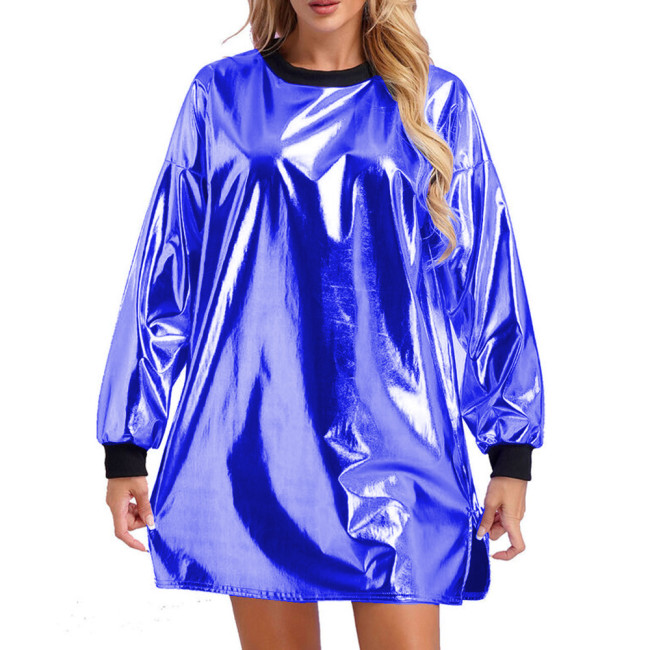 Patchwork Round Neck Long Sleeve Mini Dress Vinyl Shiny Metallic Faux Leather Loose Fit Short Dress Party Clubwear High Street
