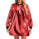 Patchwork Round Neck Long Sleeve Mini Dress Vinyl Shiny Metallic Faux Leather Loose Fit Short Dress Party Clubwear High Street