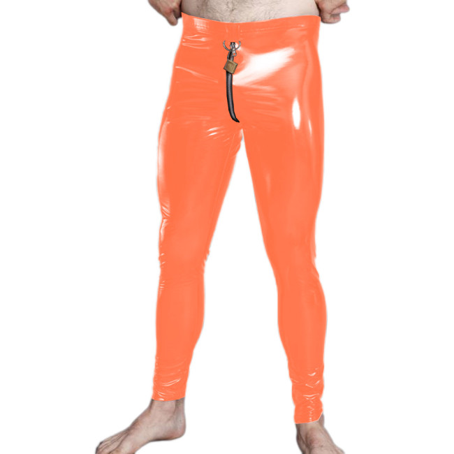 Men's Faux Leather Lockable Zipper Tight Pants Glossy Punk Gay Male Fashion Leggings PVC Long Trousers Club Fetish Erotic Pants