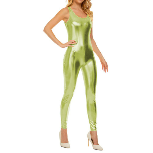 Sexy Shiny Metallic Spandex Jumpsuits Rompers Fuax Leather Tank Bodycon Jumpsuits Party Club High Street Outfits Overall Clothes