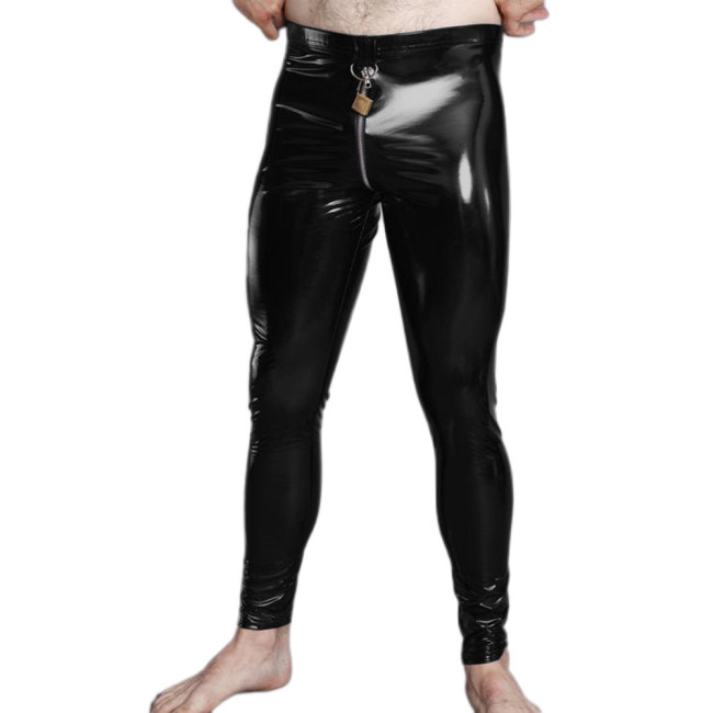 Men's Faux Leather Lockable Zipper Tight Pants Glossy Punk Gay Male Fashion Leggings PVC Long Trousers Club Fetish Erotic Pants