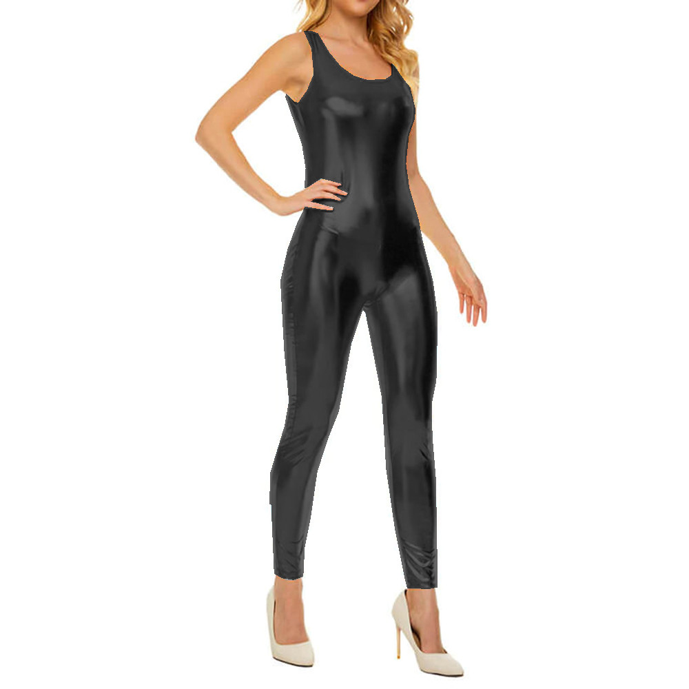 Sexy Shiny Metallic Spandex Jumpsuits Rompers Fuax Leather Tank Bodycon  Jumpsuits Party Club High Street Outfits