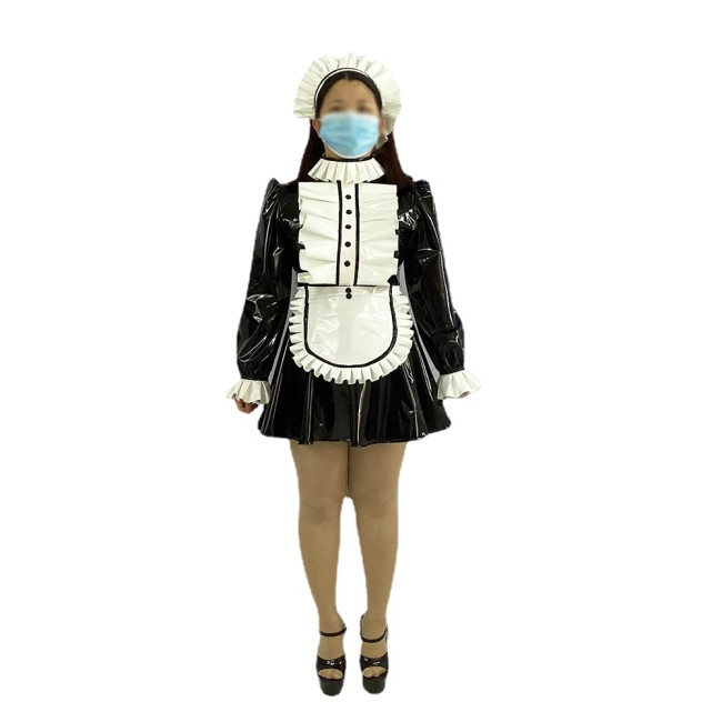 Sissy Fetish Lolita Maid Cosplay Long Puff Sleeve Maid Dress with Apron Headband Shiny PVC Leather A-line French Maid Uniforms