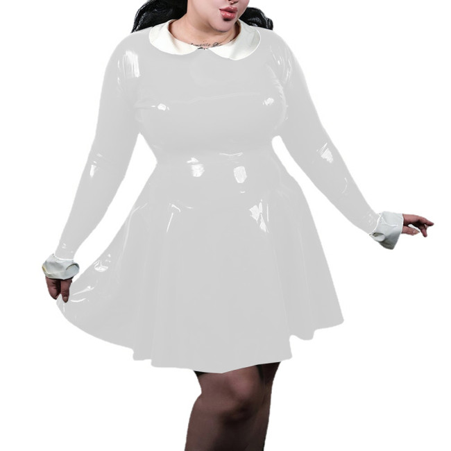 Plus Size Shiny PVC Leather Long Sleeve Mini Dress Female Wetlook Peter Pan Collar High Waist Large Swing Dress Woman Clothing