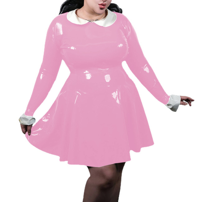 Plus Size Shiny PVC Leather Long Sleeve Mini Dress Female Wetlook Peter Pan Collar High Waist Large Swing Dress Woman Clothing
