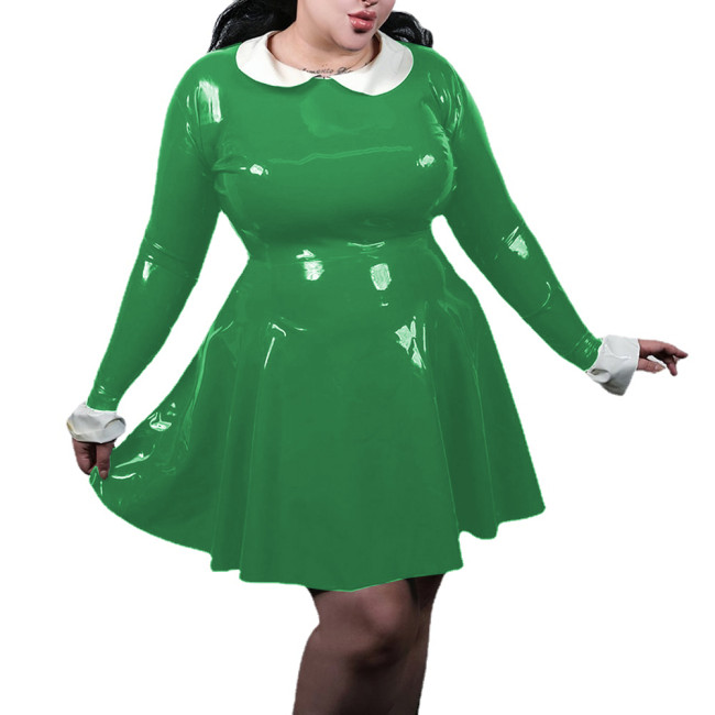 Plus Size Shiny PVC Leather Long Sleeve Mini Dress Female Wetlook Peter Pan Collar High Waist Large Swing Dress Woman Clothing