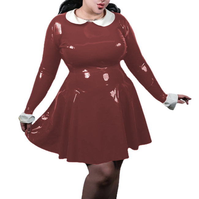 Plus Size Shiny PVC Leather Long Sleeve Mini Dress Female Wetlook Peter Pan Collar High Waist Large Swing Dress Woman Clothing