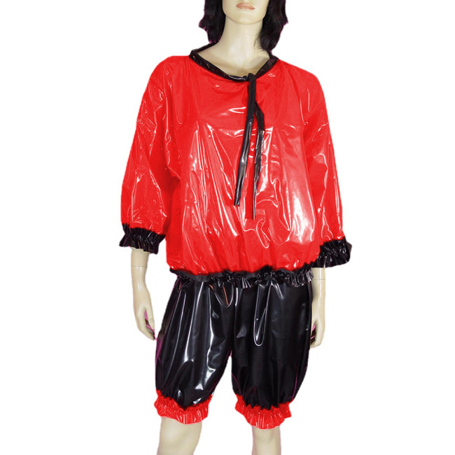 Sexy Pullover Wetlook PVC Leather Short Sets Sissy Round Neck Tops Waist Elastic Short Bloomers Ruffles Nightgown Pajamas Robe
