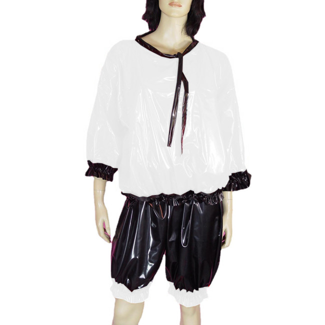 Sexy Pullover Wetlook PVC Leather Short Sets Sissy Round Neck Tops Waist Elastic Short Bloomers Ruffles Nightgown Pajamas Robe