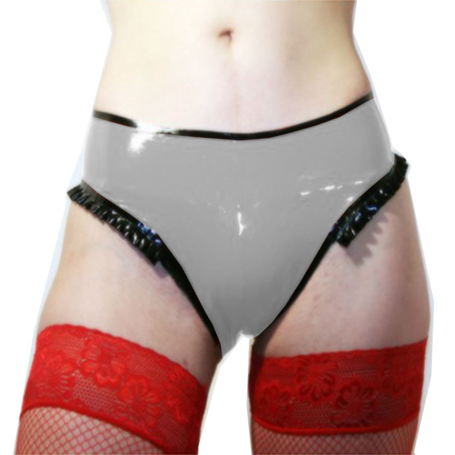 Sexy Latex Look Briefs with Frill Exotic Female Briefs Underpants Shiny PVC Leather Lingerie Sissy Low Waist Knickers Underwear