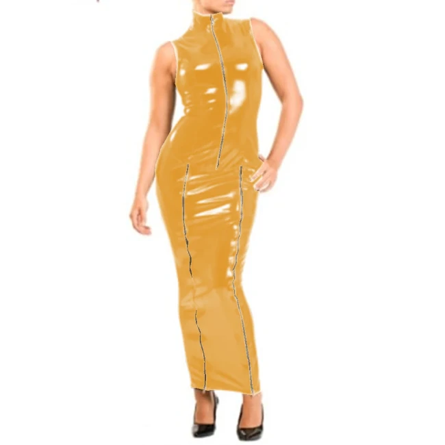 Womens Front Zipper Wetlook Patent Leather Bodycon Long Dress Sexy Mock Neck Sleeveless Pencil Dresses Gothic Plus Size Clubwear