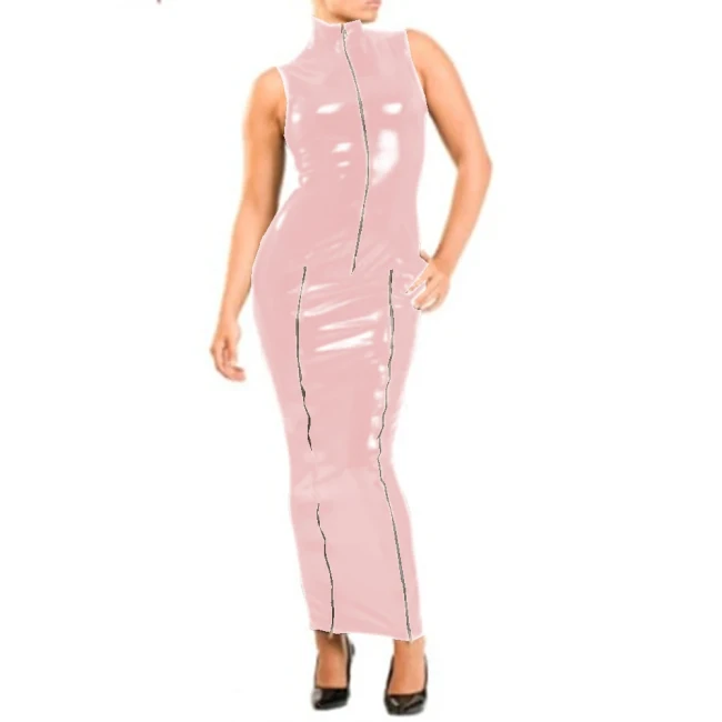 Womens Front Zipper Wetlook Patent Leather Bodycon Long Dress Sexy Mock Neck Sleeveless Pencil Dresses Gothic Plus Size Clubwear