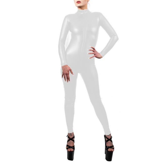 Female Sexy Party Faux PU Leather Long Sleeve Jumpsuit Sissy Mens Zipper Open Crotch Catsuit Cosplay High Neck Rompers Clubwear