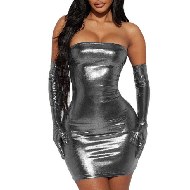 Vinyl Metallic Women Strapless Backless Sexy Mini Dresses with Gloves Night Club Short Party Dresses Female Shiny Bodycon Dress