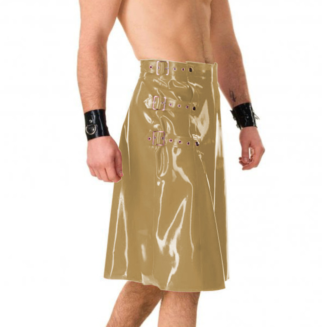 Men Punk Side Buckle Shiny PVC Leather Skirts Gothic Male Knee-length Pocket A-line Skirt Wetlook High Waist Sissy Club Skirts