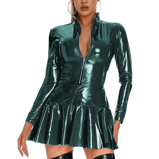 Womens Mini Pleated Skirts Dress Shiny PVC Leather Bodycon Zipper Stand Up Collar A-Line Flared Skater Dress Sexy Sissy Clubwear