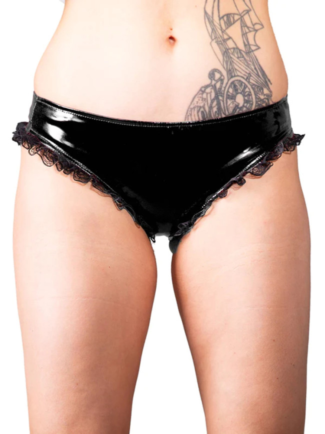 Female Glossy PVC Leather Low Waist Lace Trimming Panties Erotic Sexy Bottom Fetish Briefs Womens Underwear Wetlook Lingerie 7XL