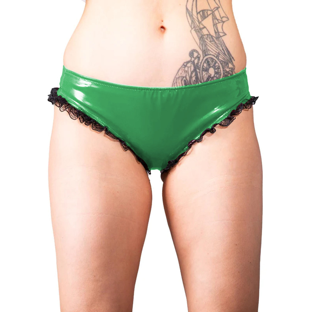 sexy lingerie open Female Glossy PVC Leather Low Waist Lace Trimming Panties Erotic Sexy Bottom  Fetish Briefs Womens Underwear