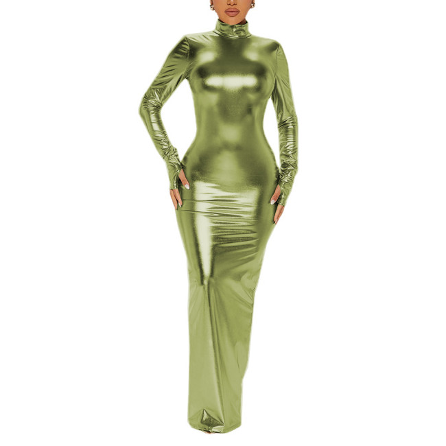 Sexy High Neck Backless Party Metallic Shiny Dress Elegant Long Sleeve Bodycon Pencil Dresses for Women Evening Slim Lady Dress