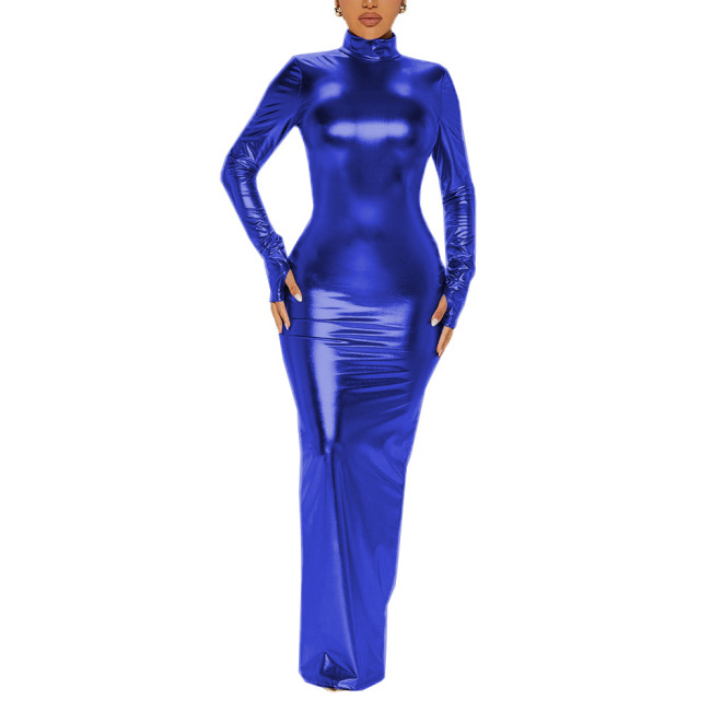 Sexy High Neck Backless Party Metallic Shiny Dress Elegant Long Sleeve Bodycon Pencil Dresses for Women Evening Slim Lady Dress