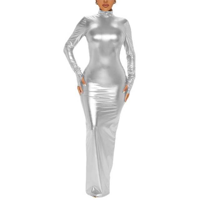 Sexy High Neck Backless Party Metallic Shiny Dress Elegant Long Sleeve Bodycon Pencil Dresses for Women Evening Slim Lady Dress
