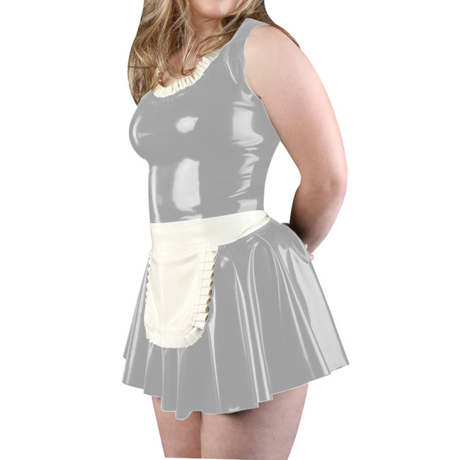 Party Theme Maid Cosplay Round Neck Sleeveless A-line Maid Dress with Apron Shiny PVC Leather Servant Dress-up Ball Gown Costume