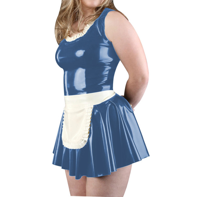 Party Theme Maid Cosplay Round Neck Sleeveless A-line Maid Dress with Apron Shiny PVC Leather Servant Dress-up Ball Gown Costume