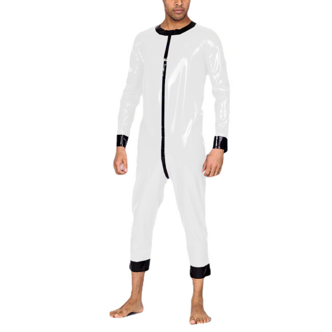 Long Sleeve Wetlook PVC Leather Mens Catsuit Sexy Bodysuits Sissy Cropped Pants Men’s Rompers Fetish O-neck Button-up Jumpsuit