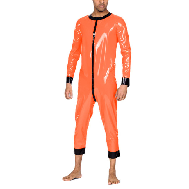 Long Sleeve Wetlook PVC Leather Mens Catsuit Sexy Bodysuits Sissy Cropped Pants Men’s Rompers Fetish O-neck Button-up Jumpsuit
