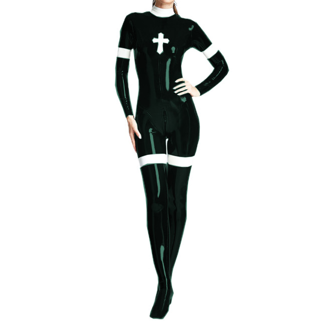 Nurse Nun Jumpsuits Long Sleeve Catsuits Bodysuits Women Wetlook PVC Leather Patchwork Rompers Jumpsuit Street Overalls S-7XL