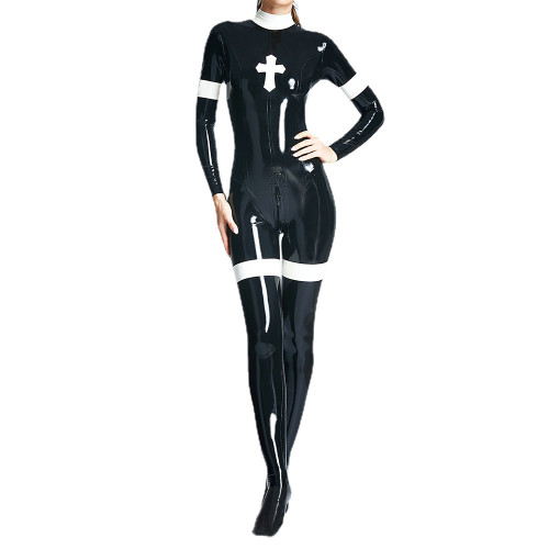 Nurse Nun Jumpsuits Long Sleeve Catsuits Bodysuits Women Wetlook PVC Leather Patchwork Rompers Jumpsuit Street Overalls S-7XL