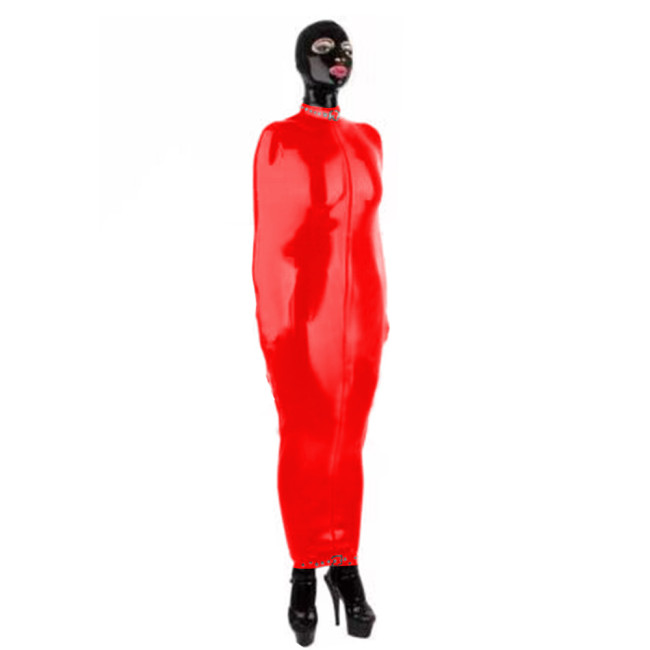 Sexy Glossy PVC Leather Bondage Full Bag Sleeve Front Zip-up Hobble Long Dress Cosplay Sheath Restricted Maxi Dress Costumes
