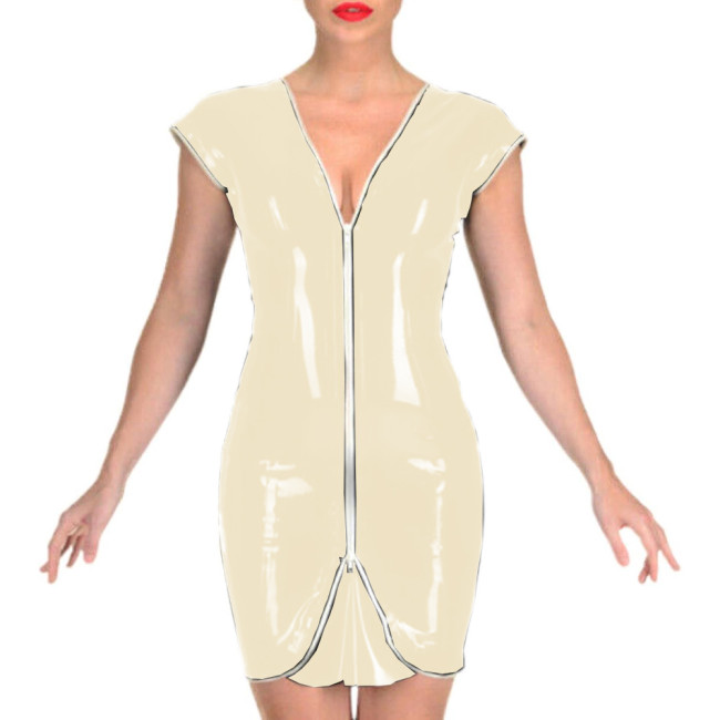 Short Sleeve Sheath Mini Dress Front Zipper Slim Fit Dress Wetlook PVC Leather Vestidos Elegants Streetwear Party Women Clothing