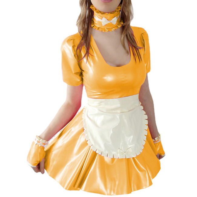 Sissy Sexy Wetlook PVC Leather Short Sleeve Round Neck A-line Mini Dress Collar Ring Gloves Cosplay Uniforms Costumes Party Club
