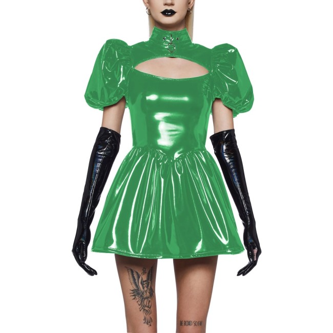 Punk Hollow Out Turtleneck Shiny Leather A-line Pleated Dress Hotties Wetlook Short Puff Sleeve Mini PVC Party Dresses Clubwear