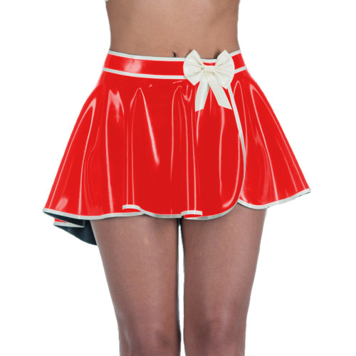 Candy Color PVC Shiny Mini Pleated Skirt Wetlook Faux Latex High Waist Women Swing Wrap Skirts Fashion Bow Split Short Skirts