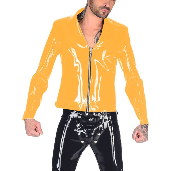 Men Punk Lapel Neck Long Sleeve PVC Shiny Leather Jackets Male Moto Zipper Front Coat Top Raves Party Club Latex Look Jackets