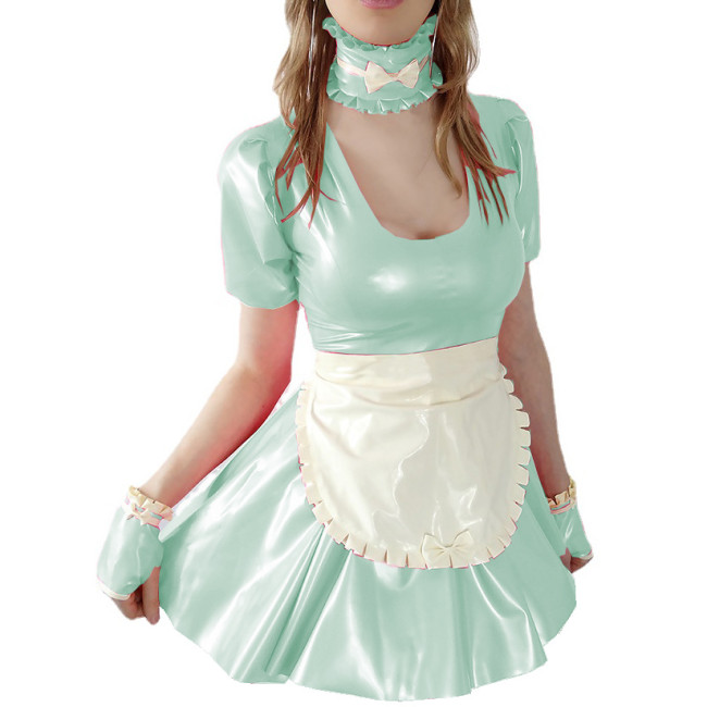 Sissy Sexy Wetlook PVC Leather Short Sleeve Round Neck A-line Mini Dress Collar Ring Gloves Cosplay Uniforms Costumes Party Club