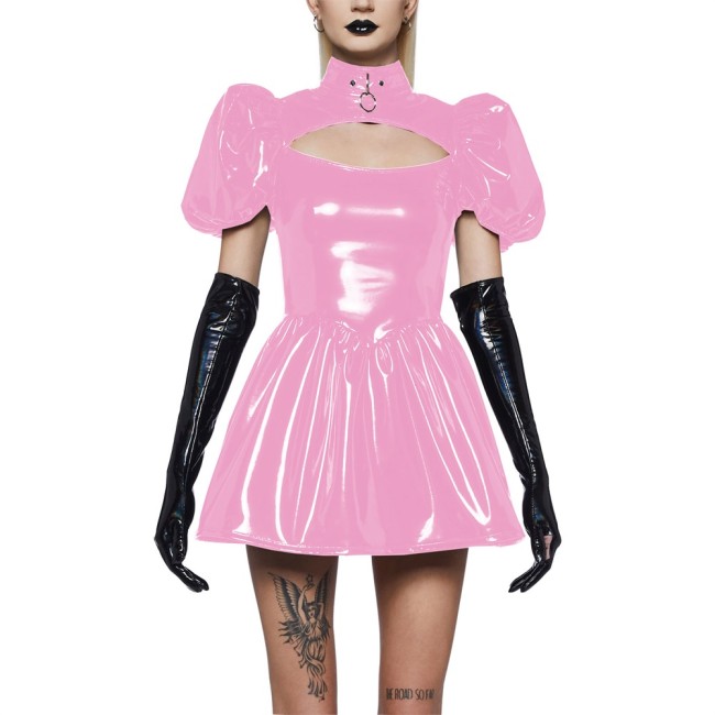 Punk Hollow Out Turtleneck Shiny Leather A-line Pleated Dress Hotties Wetlook Short Puff Sleeve Mini PVC Party Dresses Clubwear