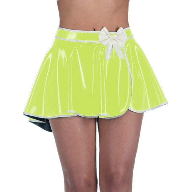 Candy Color PVC Shiny Mini Pleated Skirt Wetlook Faux Latex High Waist Women Swing Wrap Skirts Fashion Bow Split Short Skirts