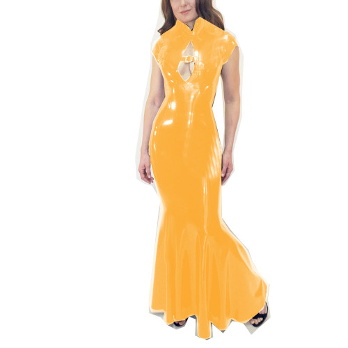 Women Short Sleeve Sheath Maxi Dress Wet Look PVC Leather Hollow Out Chest Bodycon Mermaid Dress Sexy Night Dress Club Street