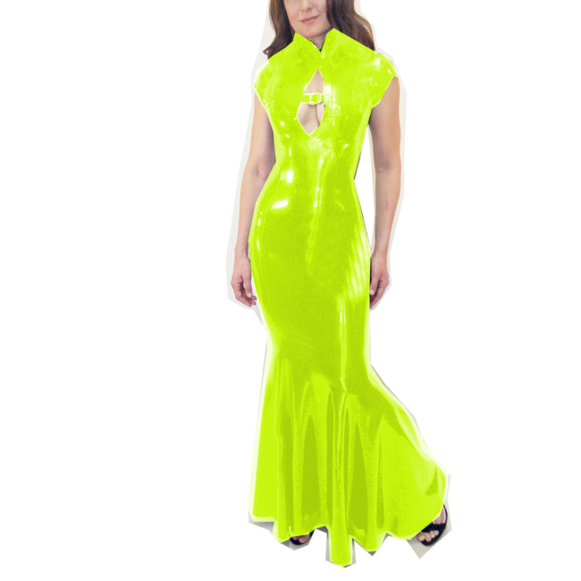 Women Short Sleeve Sheath Maxi Dress Wet Look PVC Leather Hollow Out Chest Bodycon Mermaid Dress Sexy Night Dress Club Street