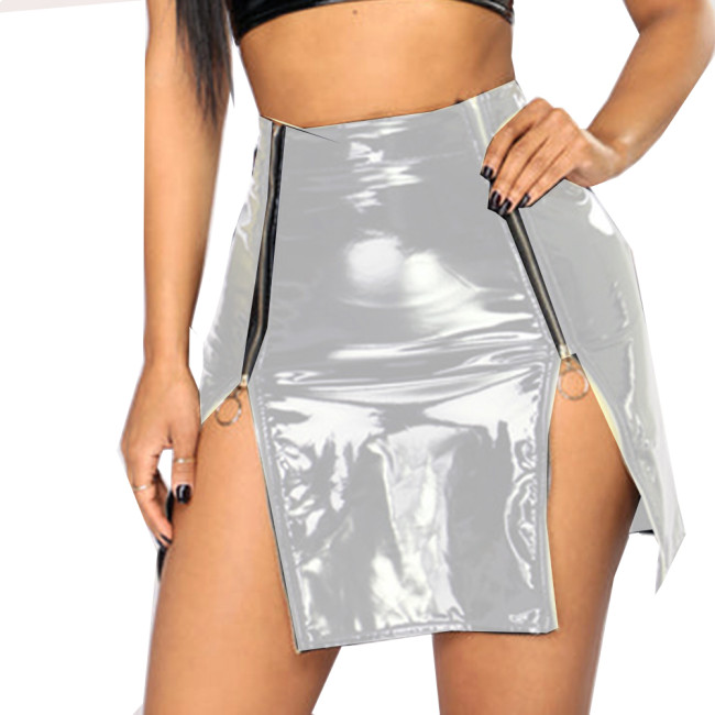 Two Front Zipper Mini Skirt Wetlook PVC Leather Faux Latex High Waist Sheath Short Skirts Party Clubwear High Street Hip Hop 7XL
