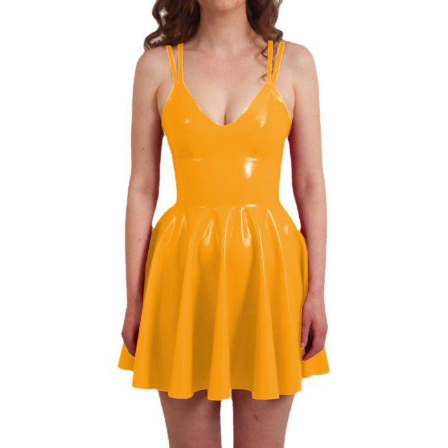 Fashion Vinyl Double Spaghetti Strap PVC Shiny Mini Swing Dresses Sexy Sleeveless Pure Color Sling Dresses Elegant Party Dress
