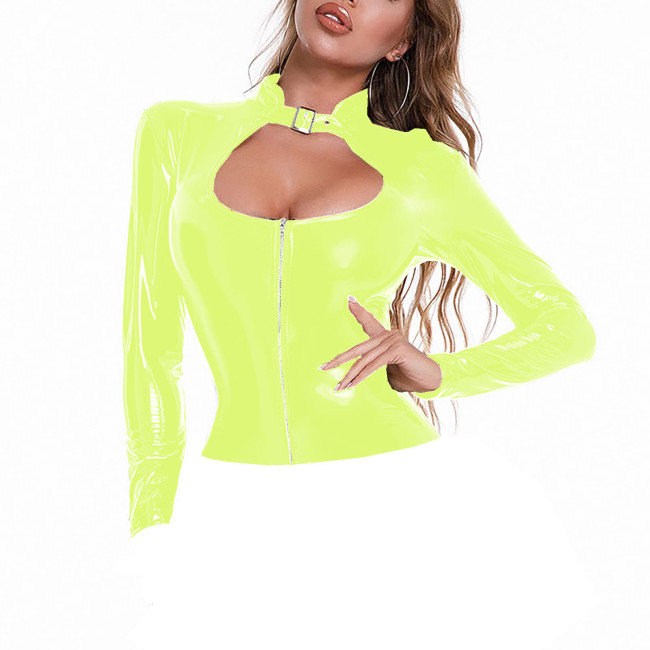 Women Buckle Hollow Tops Blouse Long Sleeve Shirt Wetlook PVC Leather Sexy Office Lady Elegant Novelty Jacket Tops Party Club
