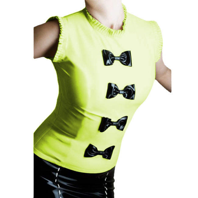 Fashion Bow Round Neck Glossy PVC Leather Tank Top with Ruffles Womens Sweet High Street Sleeveless T-Shirts Female Party Wear